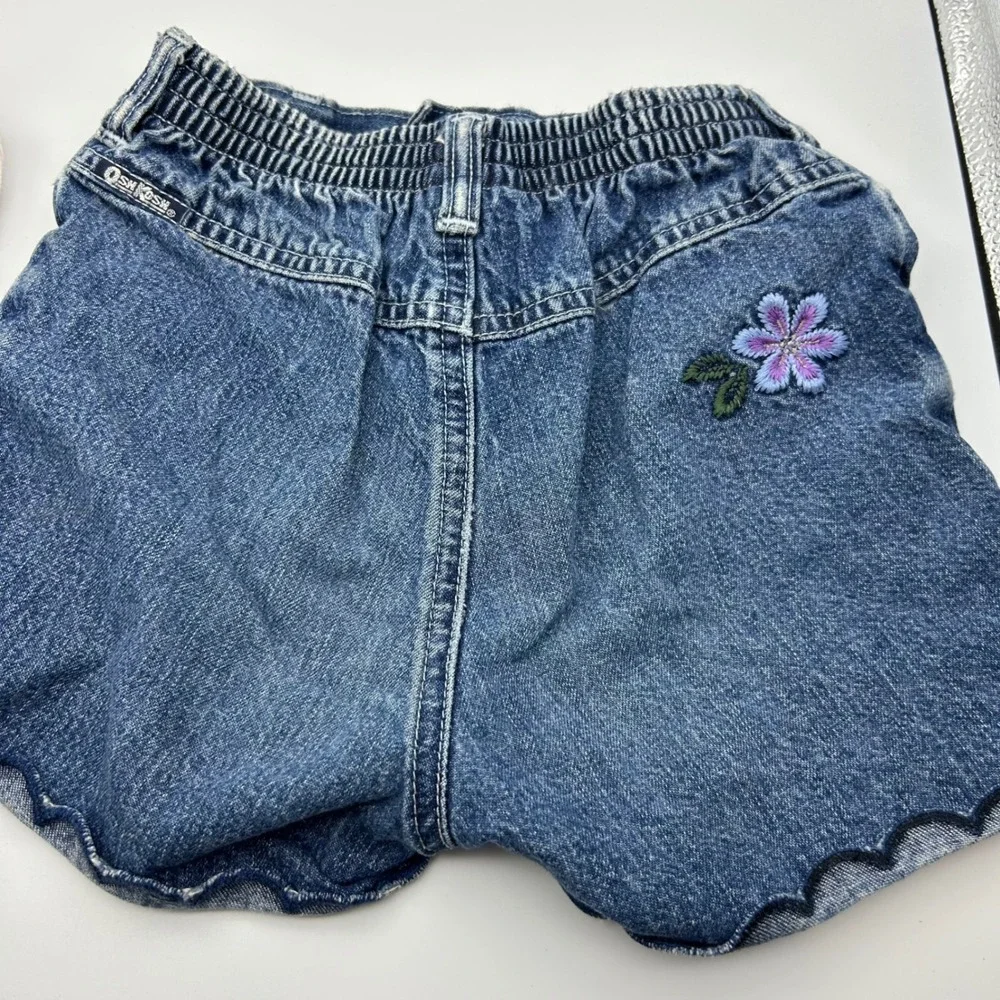 OshKosh Bgosh Vintage 4T Denim Shorts Set White Star Blue Floral Embroidered 90s